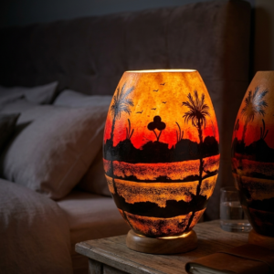 14 inch handmade camel skin lamp – hand painted palm sunset table lamp for bedside & home decor