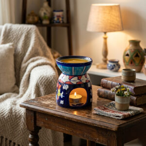 handcrafted blue pottery aroma oil burner traditional hand painted floral ceramic essential oil warmer & tealight candle holder