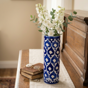 Home 13 inch handmade blue pottery vase – tall cylindrical floral ceramic vase for home decor