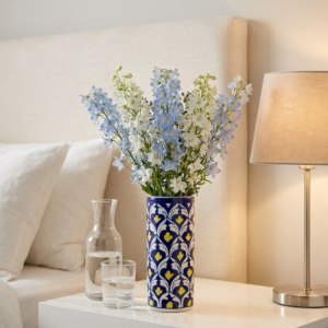 Home 10 inch handmade blue pottery vase – hand painted floral vine ceramic vase for home decor