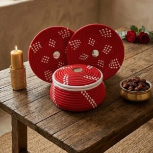handcrafted red & white coiled thread bread basket (changair) set – 3 piece traditional artisanal tableware & wall decor