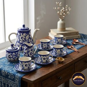 handcrafted blue pottery tea set – premium ceramic floral design tea set | traditional pakistani serveware