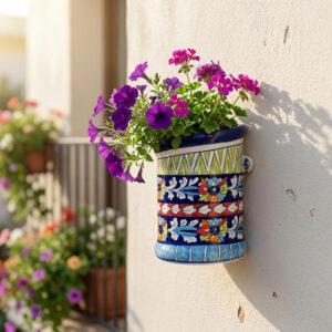 hand painted blue pottery wall planter | ceramic hanging flower pot for balcony & outdoor decor
