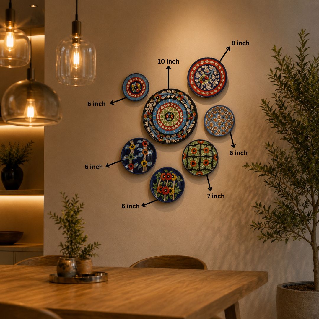 handcrafted multicolor blue pottery wall hanging plates set (7 pieces) – decorative ceramic floral wall art for living room handcrafted multicolor blue pottery wall hanging plates set (7 pieces) – decorative ceramic floral wall art for living room