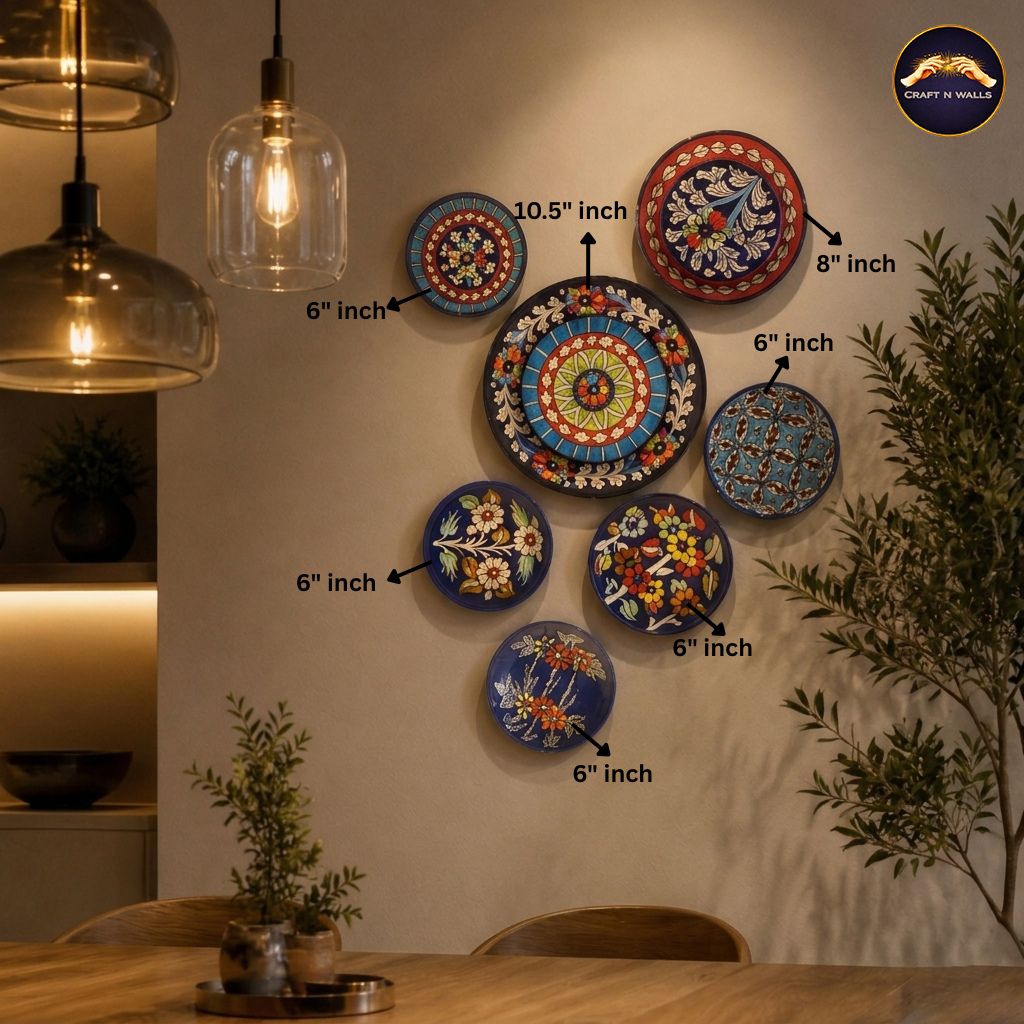 handcrafted multicolor blue pottery wall hanging plates set (7 pieces) – decorative ceramic floral wall art for living room handcrafted multicolor blue pottery wall hanging plates set (7 pieces) – decorative ceramic floral wall art for living room