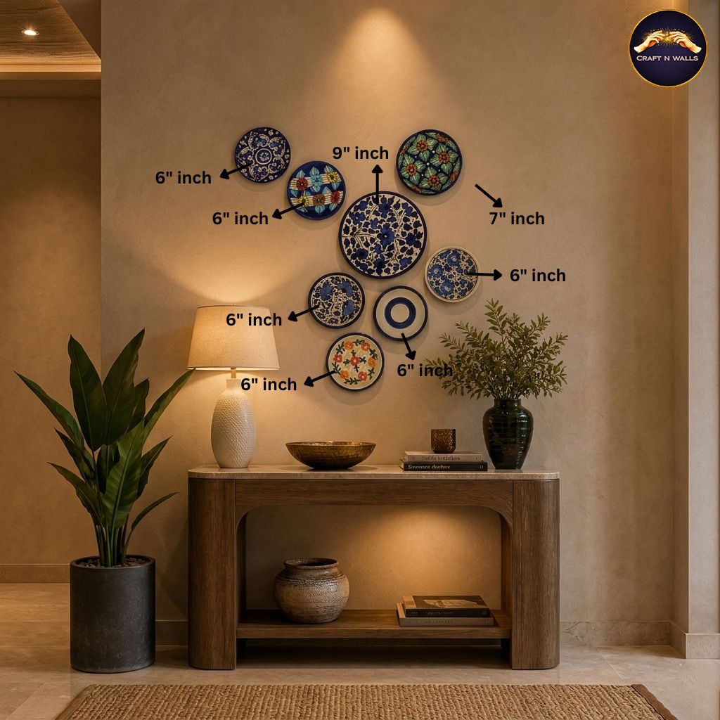 hand painted ceramic wall plate set of 8 blue pottery & multicolored floral decorative wall art for home decor (9", 7" & 6" sizes) hand painted ceramic wall plate set of 8 blue pottery & multicolored floral decorative wall art for home decor (9", 7" & 6" sizes)