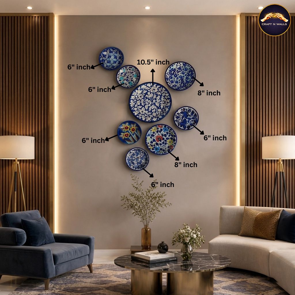 handcrafted blue pottery wall hanging plates set (8 pieces) – elegant floral ceramic wall decor for living room & lounge handcrafted blue pottery wall hanging plates set (8 pieces) – elegant floral ceramic wall decor for living room & lounge