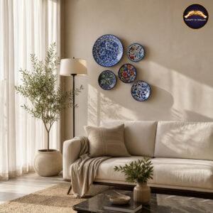 handcrafted blue pottery wall hanging plates set (5 pieces) – traditional floral & geometric ceramic wall decor for living room