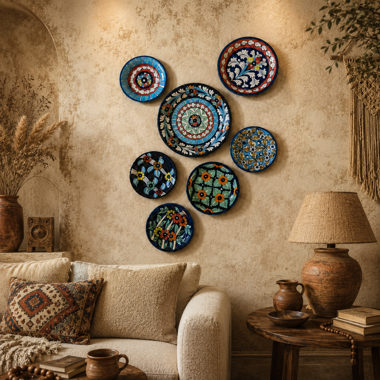 handcrafted multicolor blue pottery wall hanging plates set (7 pieces) – decorative ceramic floral wall art for living room handcrafted multicolor blue pottery wall hanging plates set (7 pieces) – decorative ceramic floral wall art for living room
