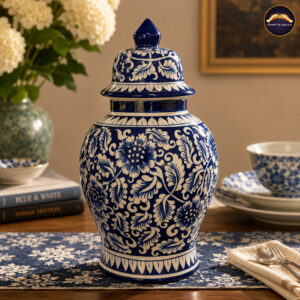 19 inch handcrafted blue pottery floral ginger jar with lid – royal blue ceramic decorative vase for luxury home décor