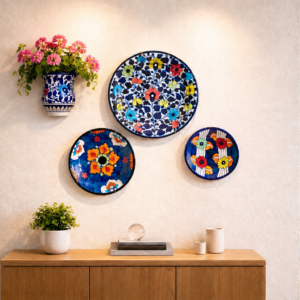 handcrafted multani blue pottery wall decor set with planter (4 piece luxury wall art)