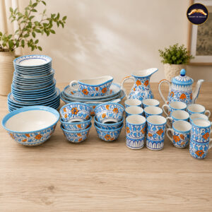 premium sky blue & orange hand painted ceramic dinner set 53 piece artisan tableware (6 person serving)