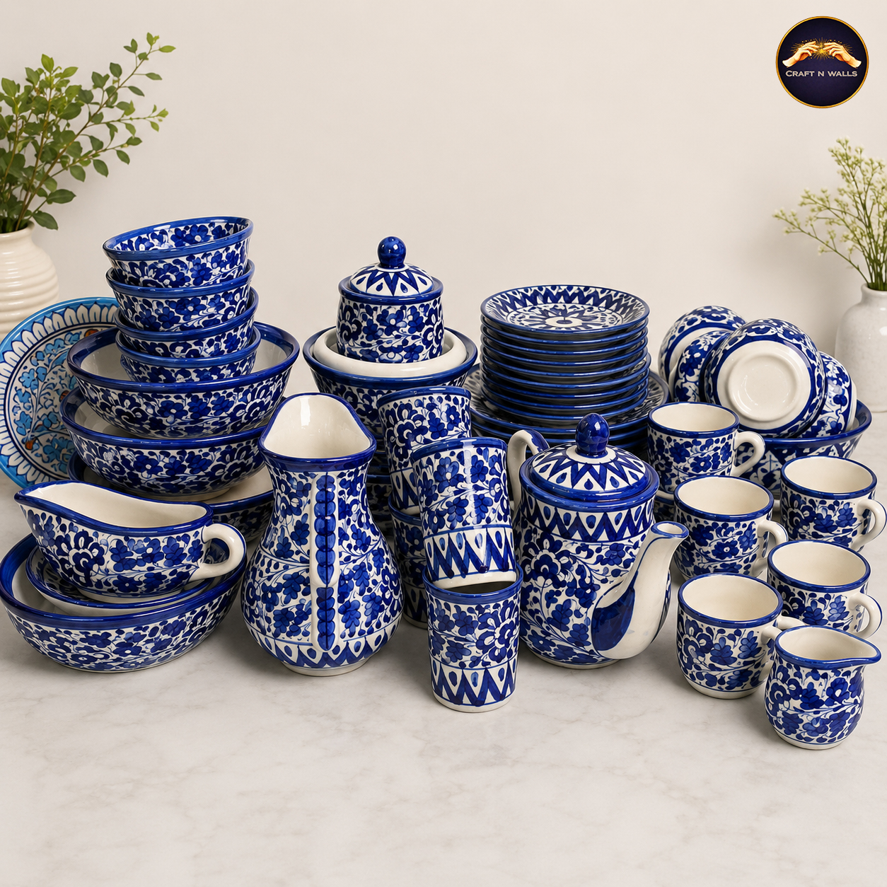 authentic multani blue pottery dinner set 53 piece hand painted ceramic collection (6 person serving) authentic multani blue pottery dinner set 53 piece hand painted ceramic collection (6 person serving)