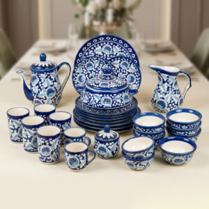 handcrafted blue pottery dinner set – 53 pieces luxury ceramic tableware set for 6 persons | traditional floral crockery collection