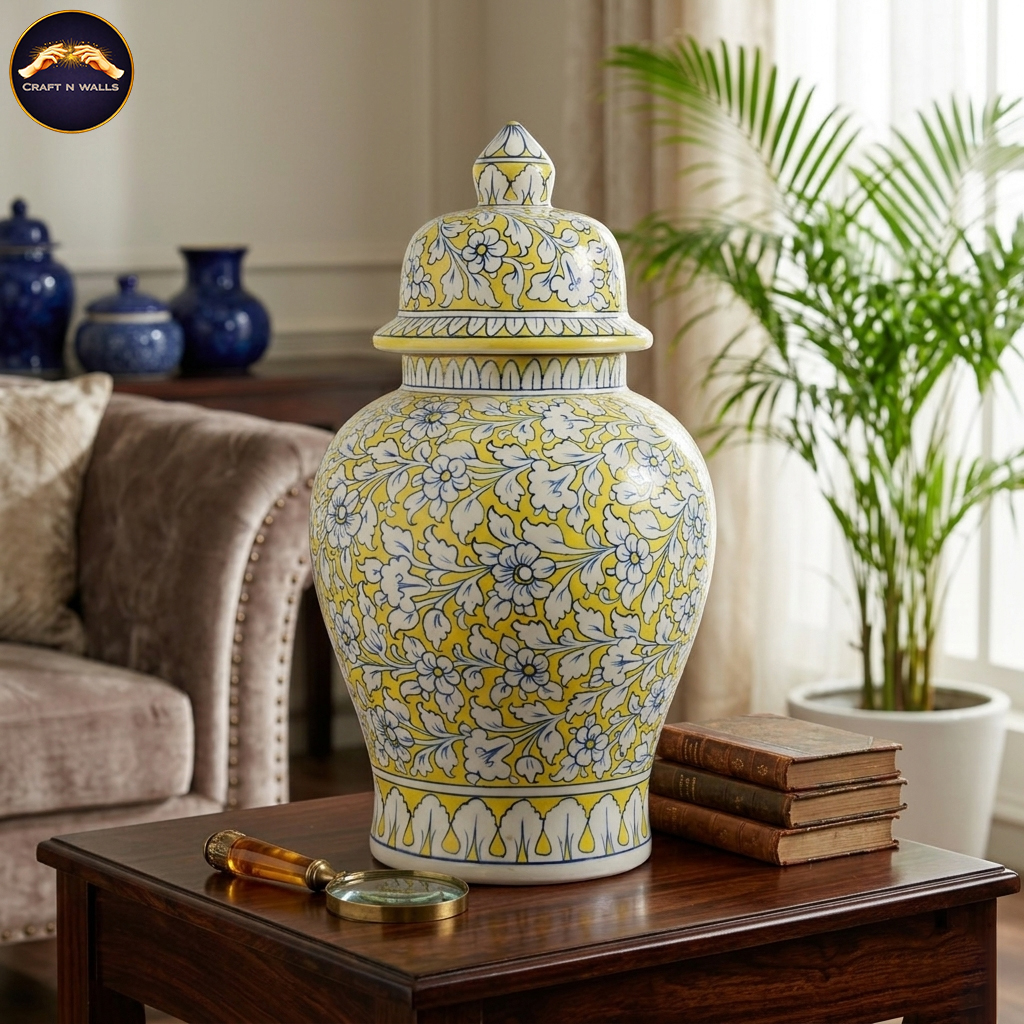 19 inch handcrafted multani blue pottery ceramic statement ginger jar with lid | traditional yellow and white floral decorative urn & luxury living room centerpiece 19 inch handcrafted multani blue pottery ceramic statement ginger jar with lid | traditional yellow and white floral decorative urn & luxury living room centerpiece