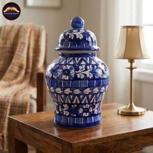 13 inch handcrafted multani blue pottery ceramic ginger jar with lid | traditional floral decorative pickle jar & living room centerpiece