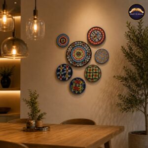 Home handcrafted multicolor blue pottery wall hanging plates set (7 pieces) – decorative ceramic floral wall art for living room