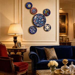 hand painted ceramic wall plate set of 6 – blue pottery floral decorative plates for living room decor (10.5″ & 6″ sizes)