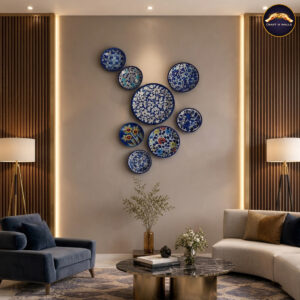 handcrafted blue pottery wall hanging plates set (8 pieces) – elegant floral ceramic wall decor for living room & lounge