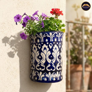 7 inch handcrafted blue pottery wall planter – ceramic hanging flower pot for indoor & outdoor wall décor