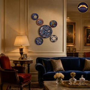 hand painted ceramic wall plate set of 6 – blue pottery floral decorative plates for living room decor (10.5″ & 6″ sizes)
