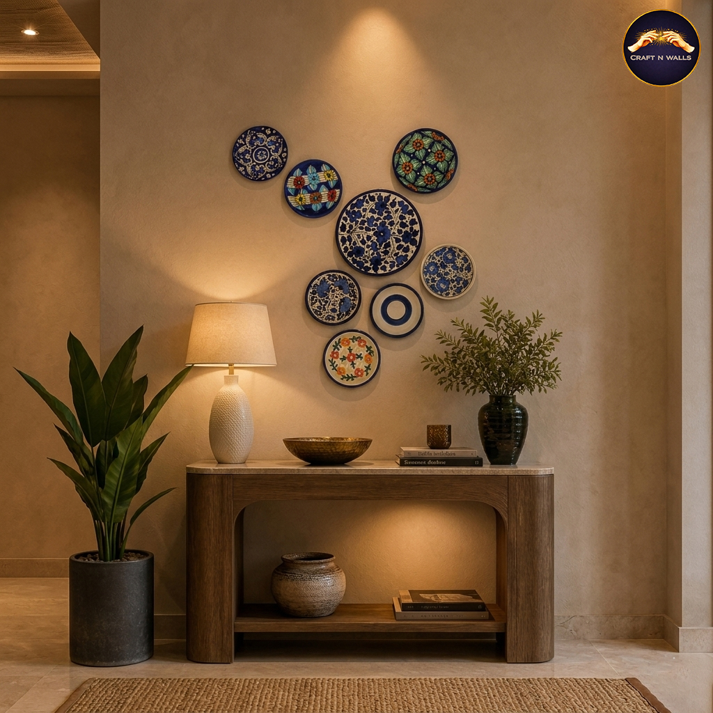 hand painted ceramic wall plate set of 8 blue pottery & multicolored floral decorative wall art for home decor (9", 7" & 6" sizes) hand painted ceramic wall plate set of 8 blue pottery & multicolored floral decorative wall art for home decor (9", 7" & 6" sizes)