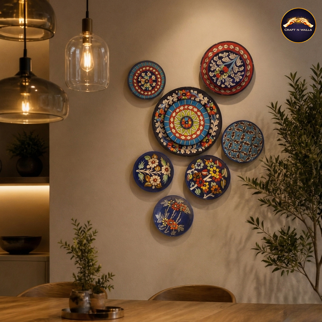 handcrafted multicolor blue pottery wall hanging plates set (7 pieces) – decorative ceramic floral wall art for living room handcrafted multicolor blue pottery wall hanging plates set (7 pieces) – decorative ceramic floral wall art for living room