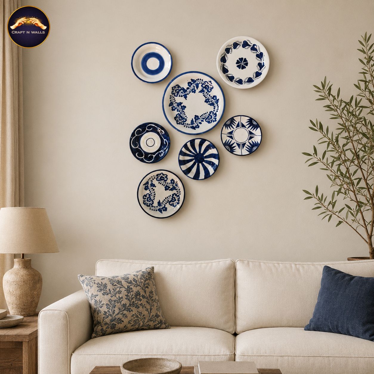 handcrafted blue pottery wall hanging plates set (7 pieces) – blue & white ceramic floral wall decor for living room handcrafted blue pottery wall hanging plates set (7 pieces) – blue & white ceramic floral wall decor for living room