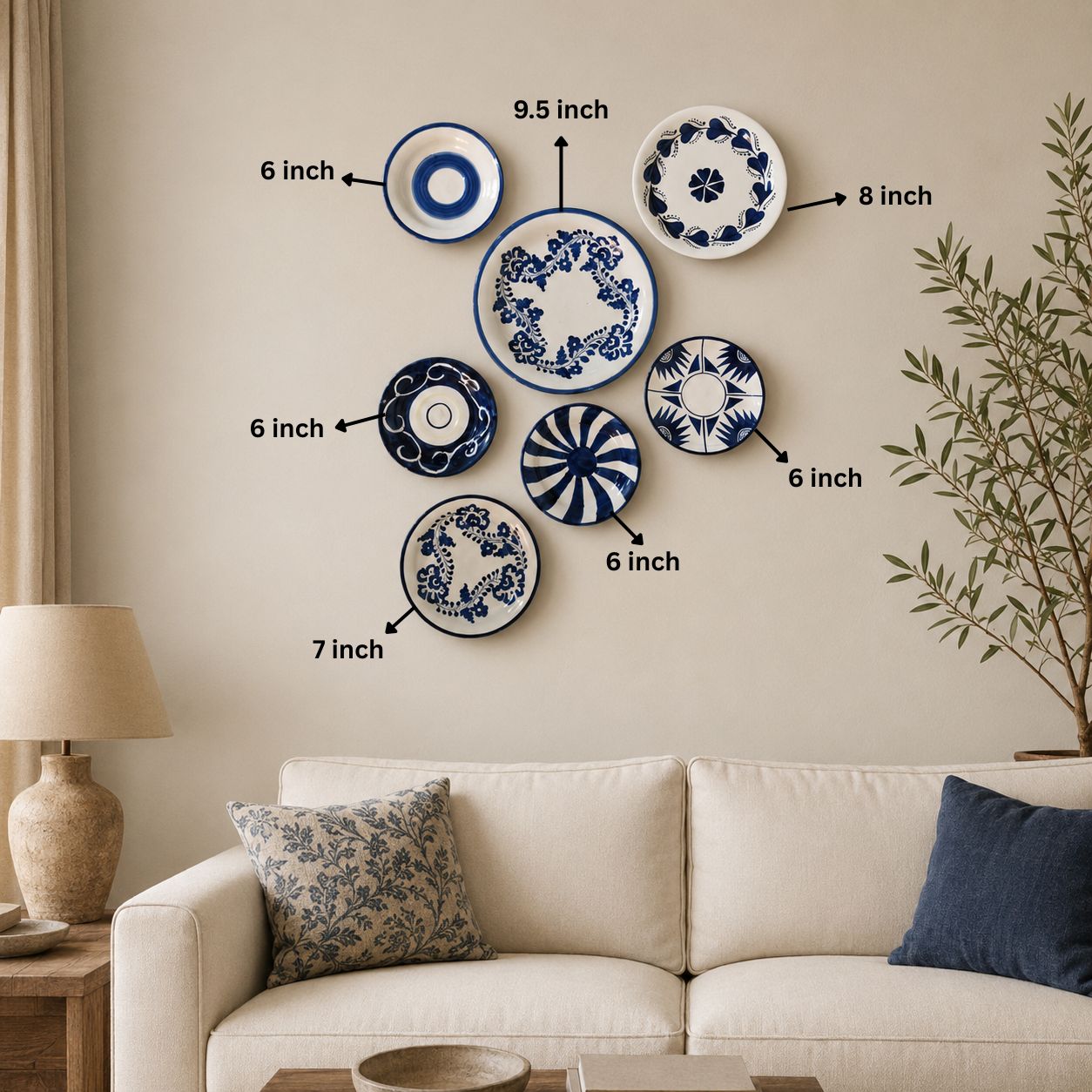 handcrafted blue pottery wall hanging plates set (7 pieces) – blue & white ceramic floral wall decor for living room handcrafted blue pottery wall hanging plates set (7 pieces) – blue & white ceramic floral wall decor for living room