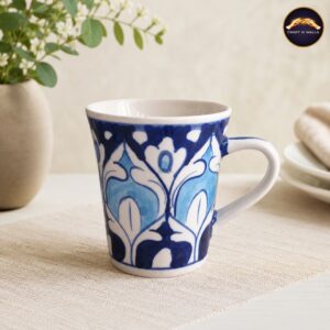 handcrafted blue pottery ceramic coffee mug – traditional floral design tea mug