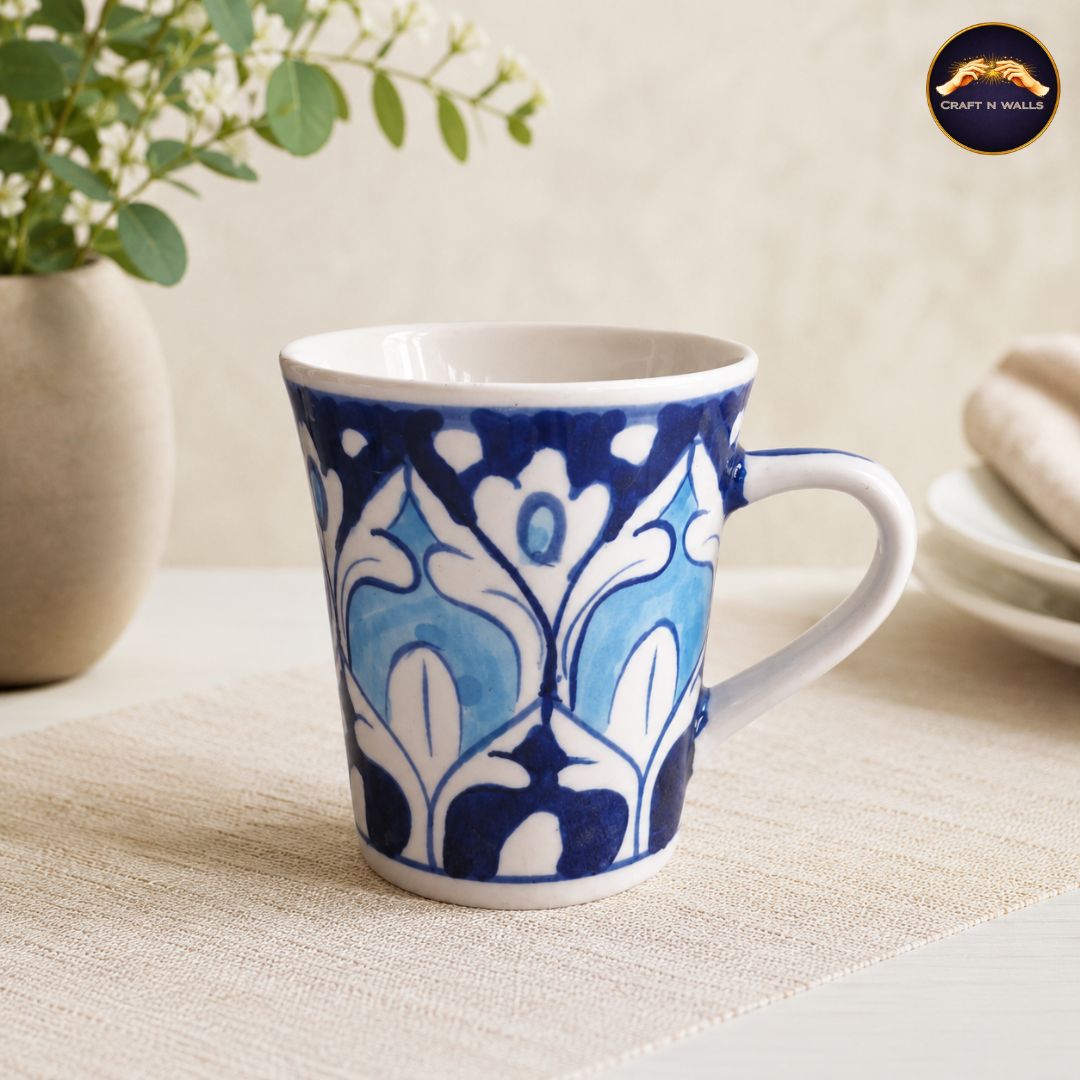 handcrafted blue pottery ceramic coffee mug – traditional floral design tea mug handcrafted blue pottery ceramic coffee mug – traditional floral design tea mug