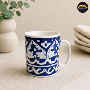 Home handcrafted blue pottery ceramic coffee mug – traditional blue & white tea mug for home & office