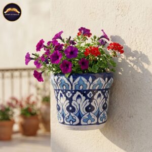6 inch handcrafted blue and white ceramic wall planter – premium hand painted flat back hanging flower pot for patio, balcony, and indoor wall decor