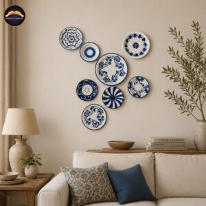 Home hand painted blue pottery wall plates set of 8 | blue & white ceramic decorative wall art for living room