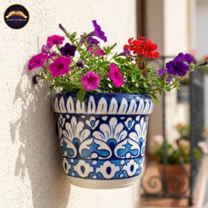 6 inch handcrafted blue and white ceramic wall planter – traditional hand painted flat back hanging flower pot for indoor outdoor balcony and patio decor