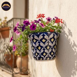 6 inch handcrafted blue and white ceramic wall planter – hand painted lattice ogee pattern hanging flower pot for patio, balcony, and vertical garden decor