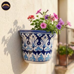 6 inch handcrafted blue pottery wall planter – decorative ceramic hanging flower pot for home & balcony décor