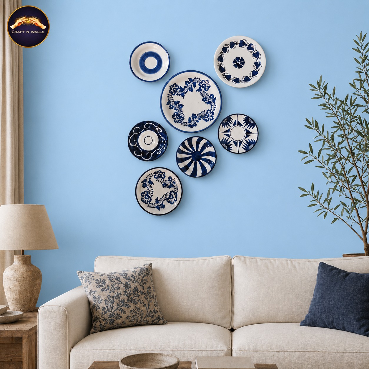 handcrafted blue pottery wall hanging plates set (7 pieces) – blue & white ceramic floral wall decor for living room handcrafted blue pottery wall hanging plates set (7 pieces) – blue & white ceramic floral wall decor for living room