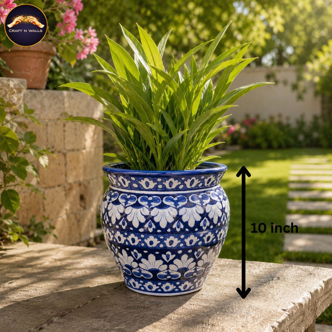 handcrafted blue pottery ceramic palm planter (10 inch) | traditional blue & white indoor & outdoor decorative plant pot handcrafted blue pottery ceramic palm planter (10 inch) | traditional blue & white indoor & outdoor decorative plant pot