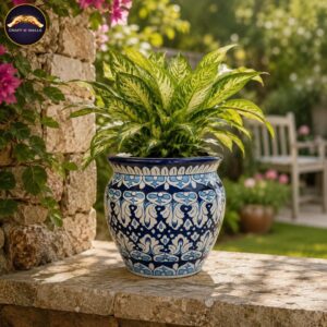 handcrafted blue pottery ceramic palm bowl planter (10 inch) | decorative indoor & outdoor garden pot | traditional floral design