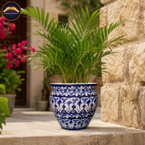 handcrafted blue pottery ceramic palm planter (10 inch) | decorative indoor & outdoor plant pot | traditional blue & white floral design