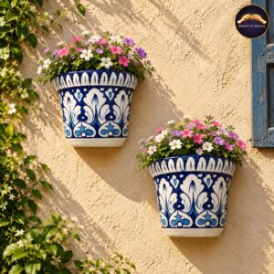 handmade blue pottery wall planter 6 inch (set of 2) – hand painted ceramic hanging planter for indoor & outdoor wall décor