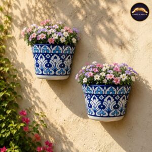 handmade blue pottery wall planter set of 2 (6 inch) – hand painted ceramic hanging planters for indoor & outdoor wall décor