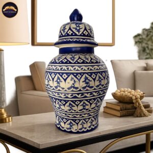 19 inch handcrafted blue pottery chinese ginger jar with lid | traditional blue & white decorative ceramic storage jar | luxury home décor accent