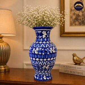 16 inch handcrafted blue pottery floral ceramic vase | blue & white decorative flower vase | artisan home décor for living room & console table