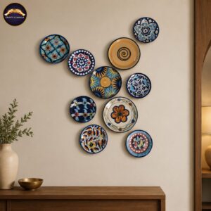 Home handmade blue pottery wall plates set of 10 – decorative ceramic wall hanging plates (6, 7 & 8 inch) for living room & home decor