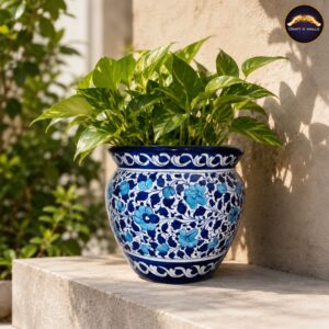 handmade 10 inch blue pottery planter | floral ceramic indoor & outdoor plant pot | traditional pakistani blue pottery