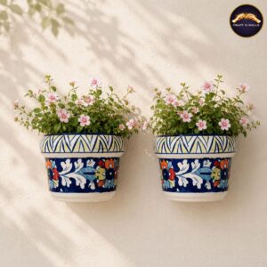 set of 2 handmade blue pottery wall planters (4 inch) | decorative ceramic wall hanging planters for indoor & outdoor walls