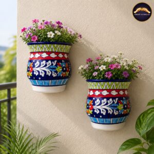set of 2 handcrafted 6 inch blue pottery wall planters | ceramic hanging flower pot for indoor & outdoor wall décor
