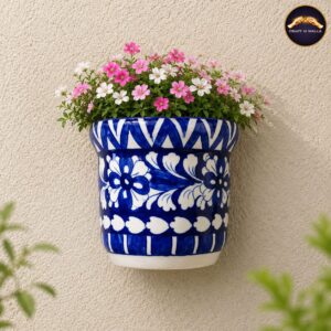 handcrafted blue pottery 6 inch wall planter | ceramic hanging flower pot for indoor & outdoor wall décor
